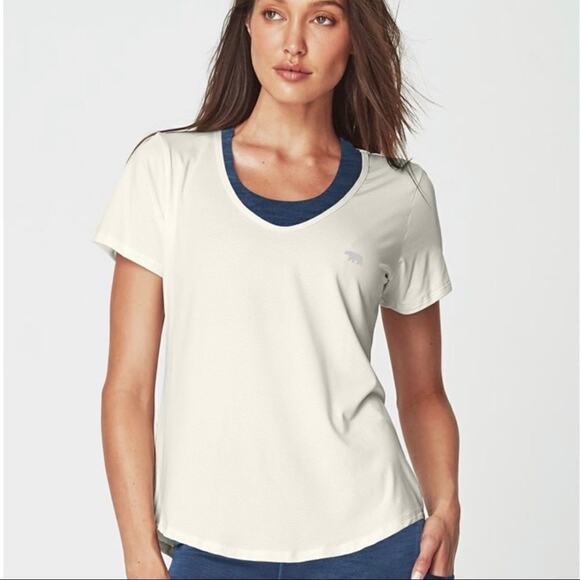 Running Bare Women L Athletic Short Sleeve Relaxed V-Neck Cream Dry Fit Mesh - Picture 4 of 14